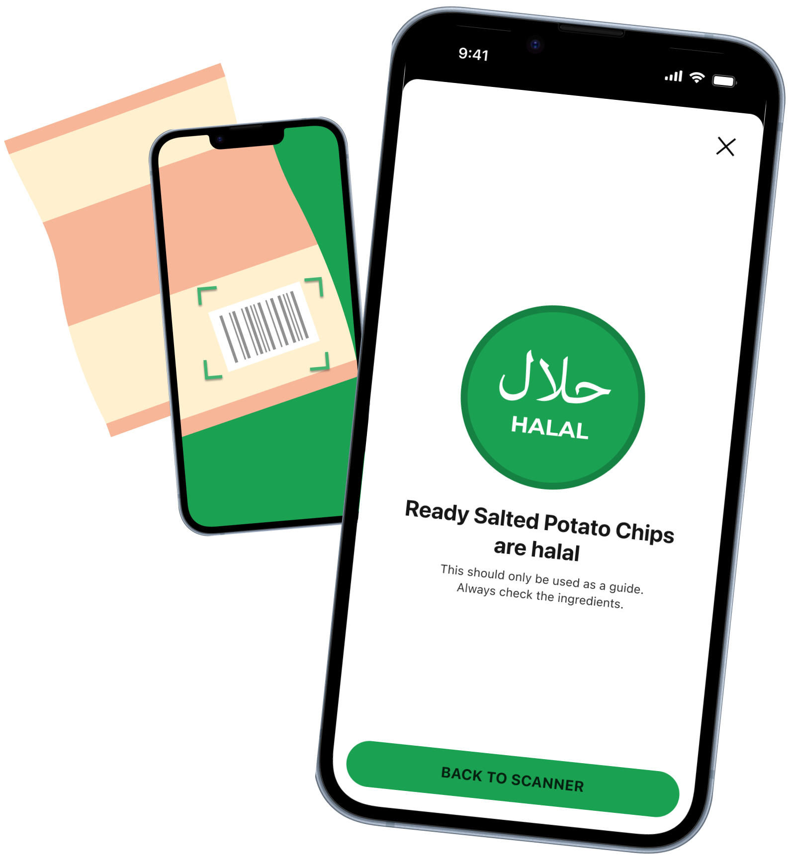 Two iPhones showing the user interface for Halal Scanner app